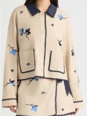 NVLT Floral Embroidered Jacket Boxy Button Front with Rickrack Trim Tan